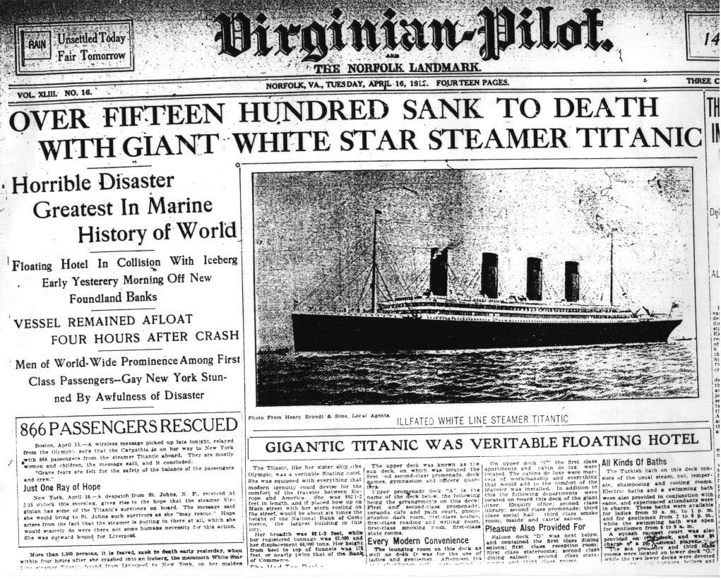 Titanic Newspaper Article The Virginian Pilot