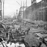 Workmen preparing new slipways for building Olympic and Titanic