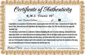 Titanic Model Ship Limited Edition Authentic Certificate 40-1
